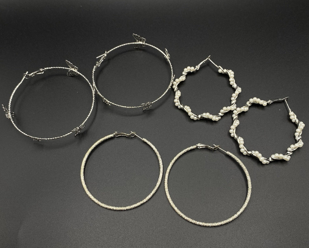Lot of 3 Silver-Tone Elegant Round Hoop Earrings Hinged Lock Butterfly Bundle
